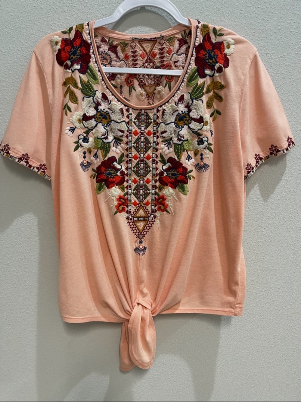 Johnny Was   Peach Embroidered Tie-Front Crop Top